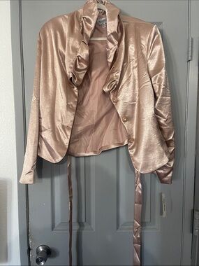 Needle & Thread Blush Satin Ruffle-Trim Blazer